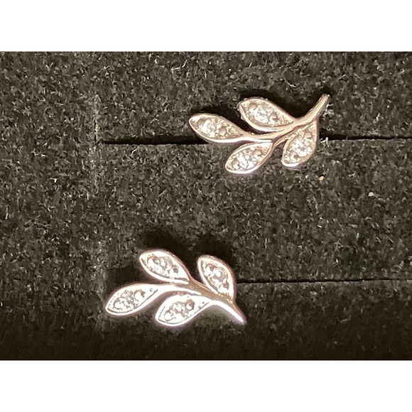 Silver Tone Crystal Leaf Stud Earrings Dainty Olive Branch Nature Inspired Studs - Picture 2 of 4
